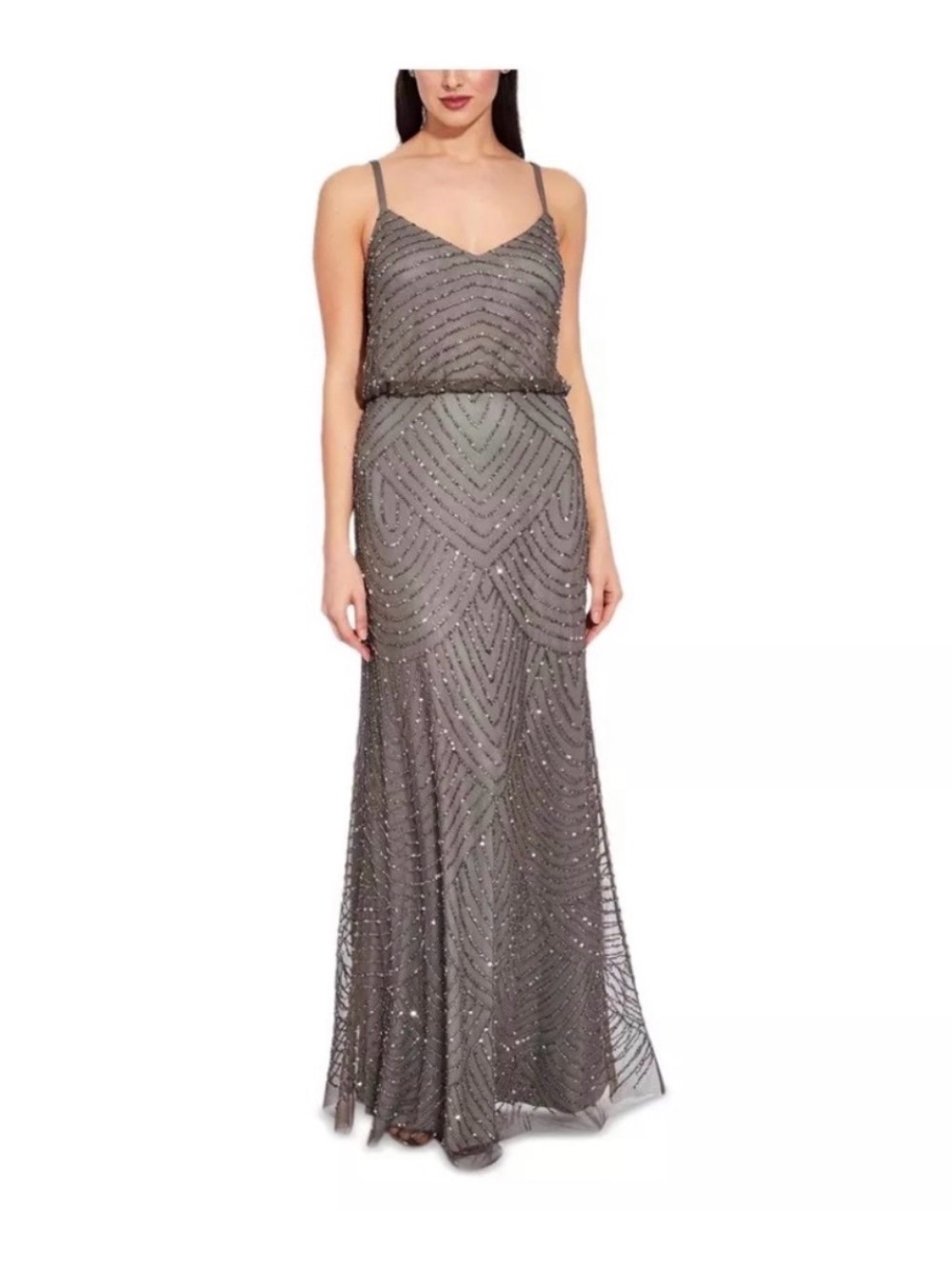 Adrianna Papell Gray Beaded Spaghetti-Strap Evening Gown